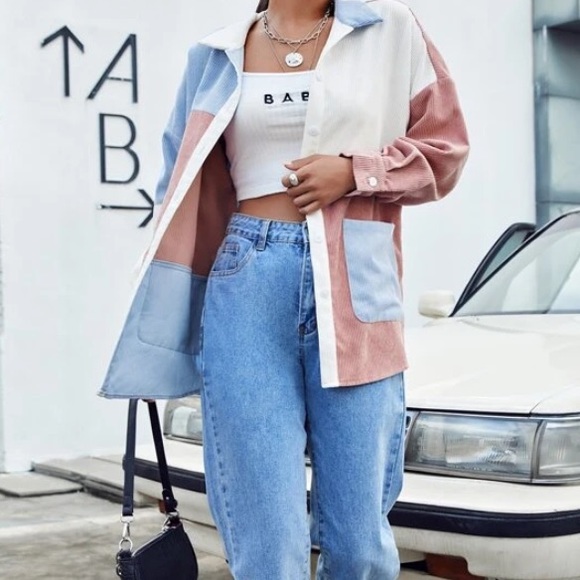 Women’s color block  corduroy long sleeve top - Picture 3 of 5